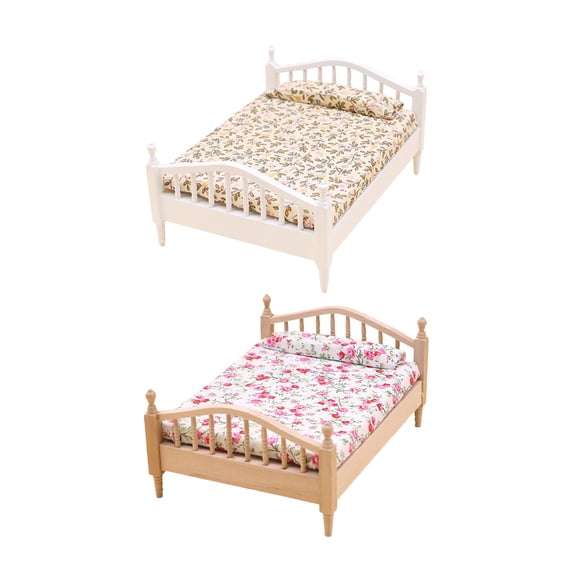 2Pieces 1:12 Dollhouse Miniature Bed, Miniature Furniture Decor Model Single Bed for Bedroom Decoration