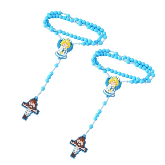 2Pieces Catholic Children Rosary Necklace Set with Crosses Pendant Acrylic Beads Neck Chain for Religious Event Gift