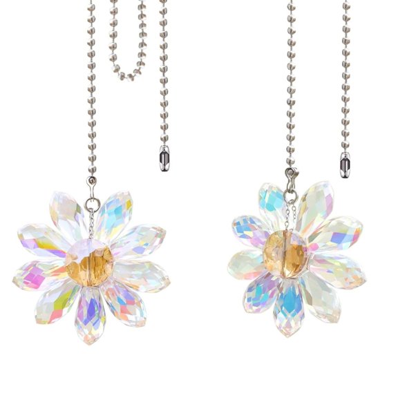 2Pieces Fashionable Ceiling Fan Pull Chains Crystals Flower Designs with Adjustable Stylish Chain Home Accessory