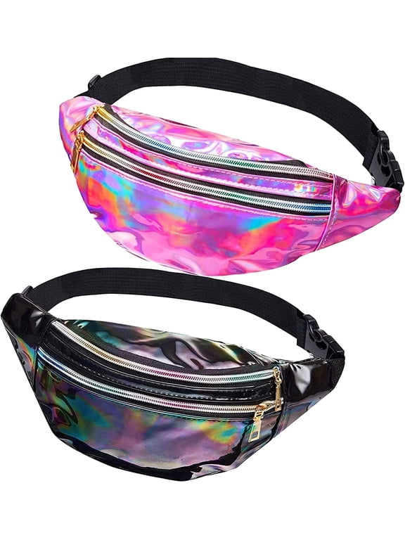 2Pieces Holographic Fanny Pack,Hologram PU Waist Pack Waterproof Shiny Waist Bag,Laser Waist Bum Bag with Adjustable Belt,Metallic Color Sport Waistbag,Fashion Rave Waist Bag