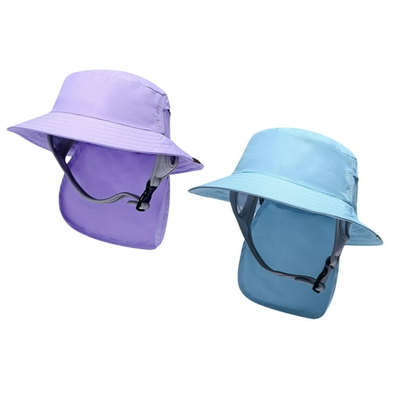 2Pieces Lightweight Surf Bucket Hat with Chin Straps Neck Flap Cover Wide Brim Hat for Surfing, Water Sports, Outdoor, Tourism, Fishing Violet and Blue