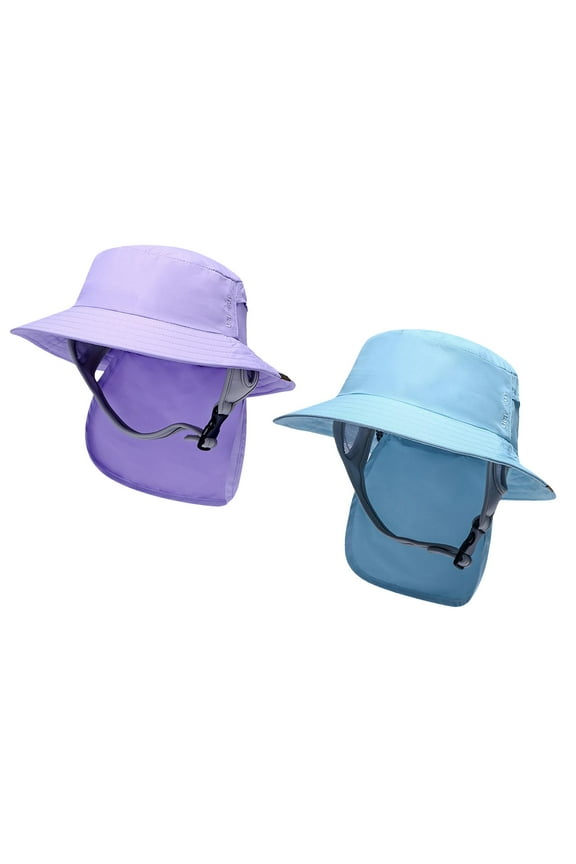 2Pieces Lightweight Surf Bucket Hat with Chin Straps Neck Flap Cover Wide Brim Hat for Surfing, Water Sports, Outdoor, Tourism, Fishing Violet and Blue