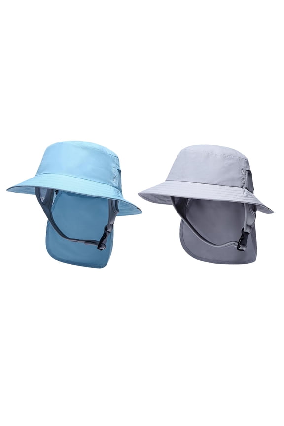 2Pieces Lightweight Surf Bucket Hat with Chin Straps Neck Flap Cover Wide Brim Hat for Surfing, Water Sports, Outdoor, Tourism, Fishing Blue and Gray