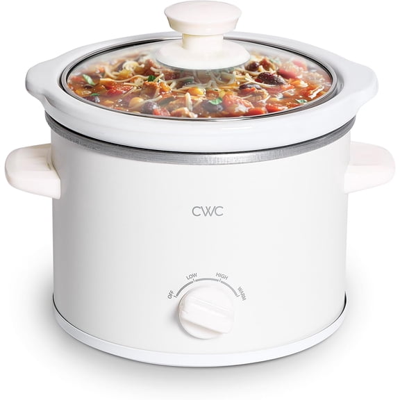 2QT Mini Electric Round Slow Cooker - Adjustable Settings, Removable Stoneware Pot, Tempered Glass Lid, Dishwasher Safe, Cool-Touch Side Handles, Cream