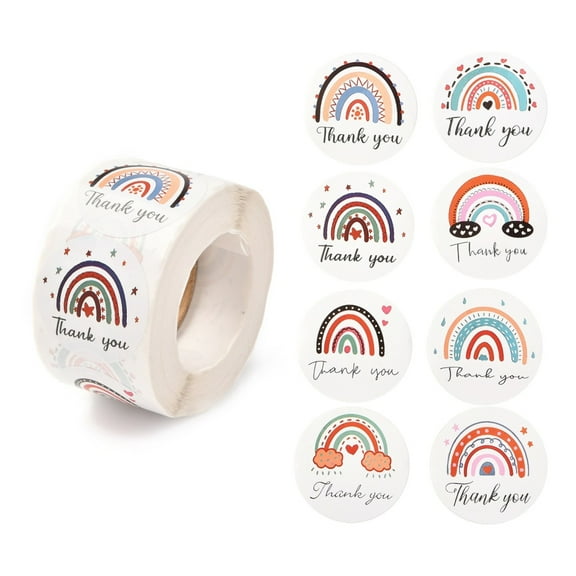 2Roll 1.5 Inch Thank You Sticker Self-Adhesive Paper Gift Tag Stickers Flat Round with Word Pattern Colorful Rainbow Pattern 3.8cm about 500pcs/roll