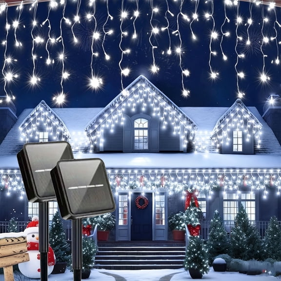 2Roll Solar Icicle String Lights, Auto Dusk-to-Dawn Sensor, 8 Modes, Waterproof, Outdoor for House Eaves, Patio, Yard, Halloween, Christmas Xmas, Wedding Holiday Decor