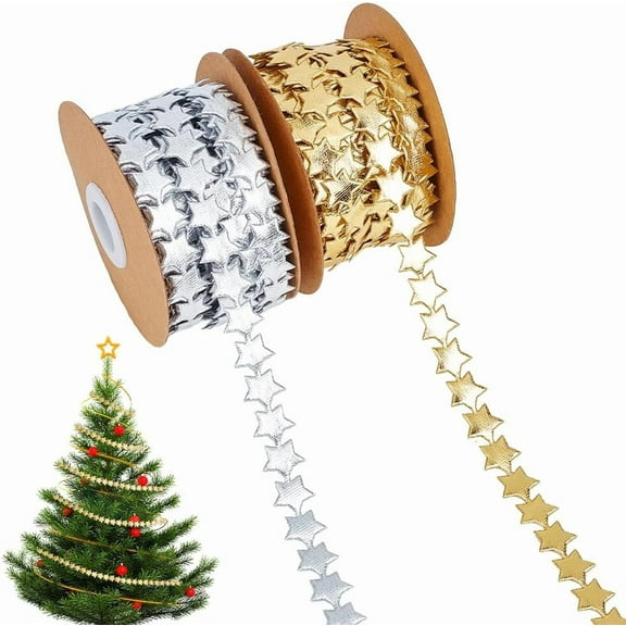 2Rolls 10.94 Yards Star Ribbon Trim Embellishment 14mm Wide Gold and Silver Polyester Glitter Star Ribbons Star Decoration Ribbons