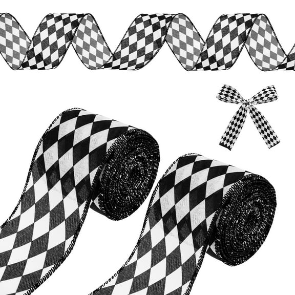2Rolls Black White Diamond Checkered Ribbon 2.6 Inch Wide Decorative Diamond Plaid Wired Ribbon 10 Yards Each for Wrapping Christmas Decoration