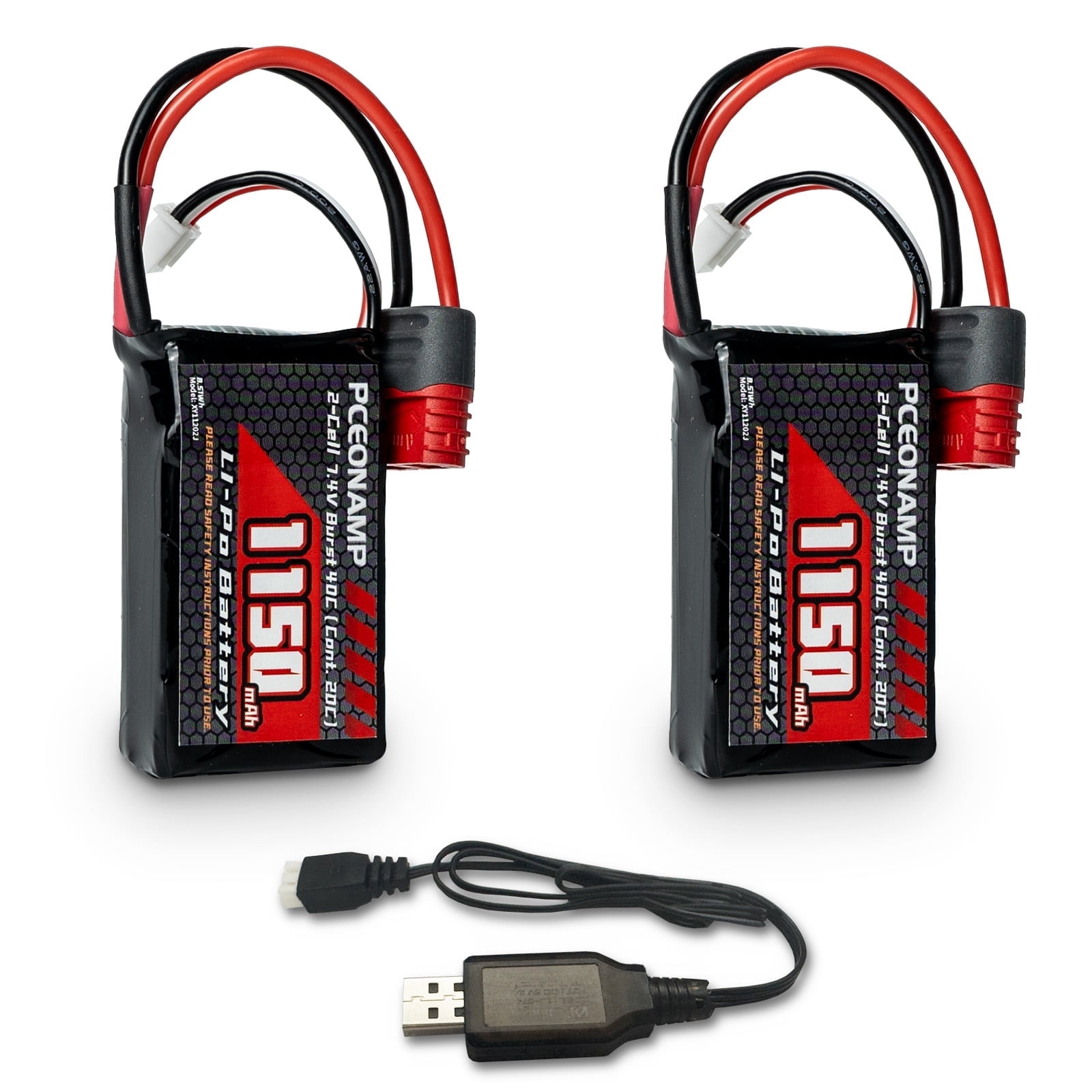 PCEONAMP 2S Lipo Battery 1150mAh 7.4V Burst 40C with T Plug  RC Battery Fit for HBX  18858 18859 18859A 16890A  2196 ,  and Most 1/12, 1/16, 1/18 Scale RC Car Truck with 1 USB Charger （2packs）