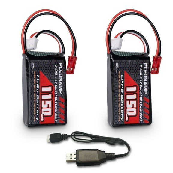 2S Lipo Battery 1150mAh 7.4V Burst 40C with JST Plug Rechargeable  RC 7.4V Lipo Battery Fit for RC Cars A949, A959 or 1/18 Scale RC Cars Trucks with 1 USB Charger （2packs）