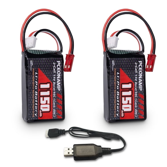 2S Lipo Battery 1150mAh 7.4V Burst 40C with JST Plug Rechargeable RC 7.4V Lipo Battery Fit for RC Cars A949, A959 or 1/18 Scale RC Cars Trucks with 1 USB Charger 2packs