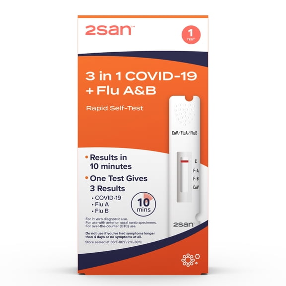 2San COVID-19 + Flu A&B 3-in-1 Antigen Rapid Test (1-Pack), Results in 15 Minutes, FDA Approved, OTC Flu & COVID Home Test, with Non-invasive Nasal Swab, Easy to Use & No Discomfort (1-Pack)