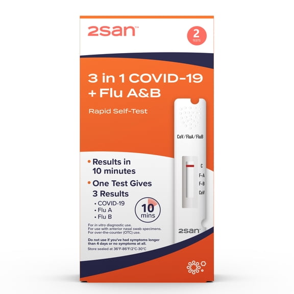 2San COVID-19 + Flu A&B 3-in-1 Antigen Rapid Test (2-Pack), Results in 15 Minutes, FDA Approved, OTC Flu & COVID Home Test, with Non-invasive Nasal Swab, Easy to Use & No Discomfort (2-Pack)