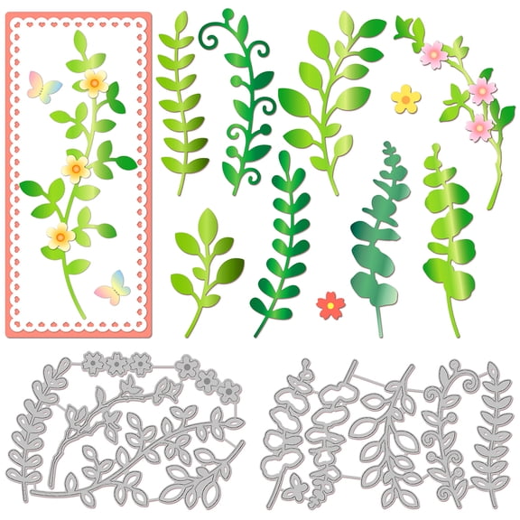 2Set 12Pcs Leaves Branches Cutting Dies for DIY Scrapbooking Metal Branches Flowers Die Cuts Embossing Stencils Template for Paper Card Making