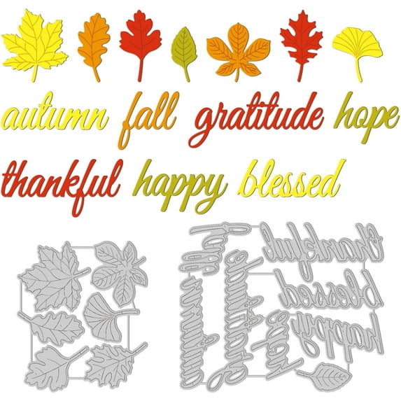 2Set 14Pcs Autumn Leaves Cutting Dies for DIY Scrapbooking Metal Thanksgiving Text Die Cuts Embossing Stencils Template for Paper Card Making Decoration Album Craft Decor