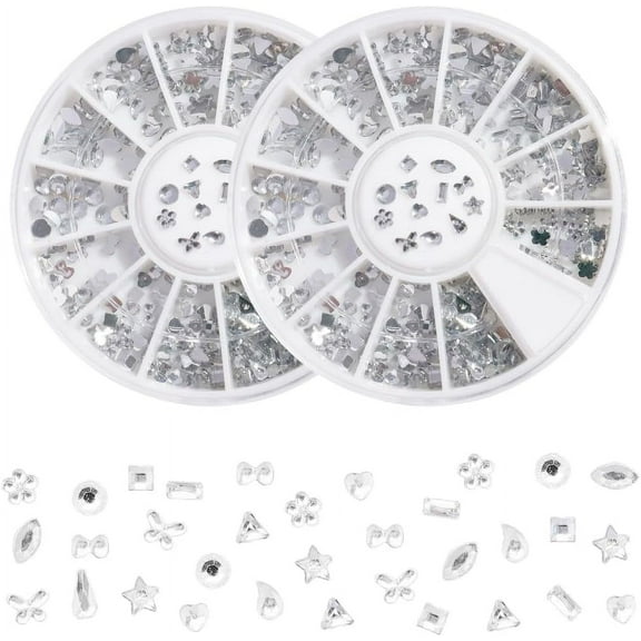 2Set 2 Boxes Silver Nail Rhinestones Kit 12 Shapes 3D Nail Art Diamond Flatback Charms and Gems White Glass Resin Glitter Crystal Flat Back Round Bead Set for Women DIY Jewelry Decoration Supplies