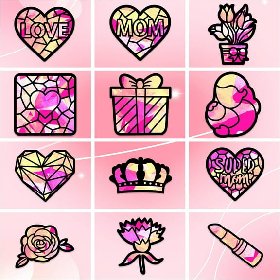 24 Pcs Mother's Day Stained Glass Effect Paper Suncatchers Window Clings with Colored Papers DIY Window Decals Window Paint Art Stickers for DIY Crafts and Valentine's Day Window Decor