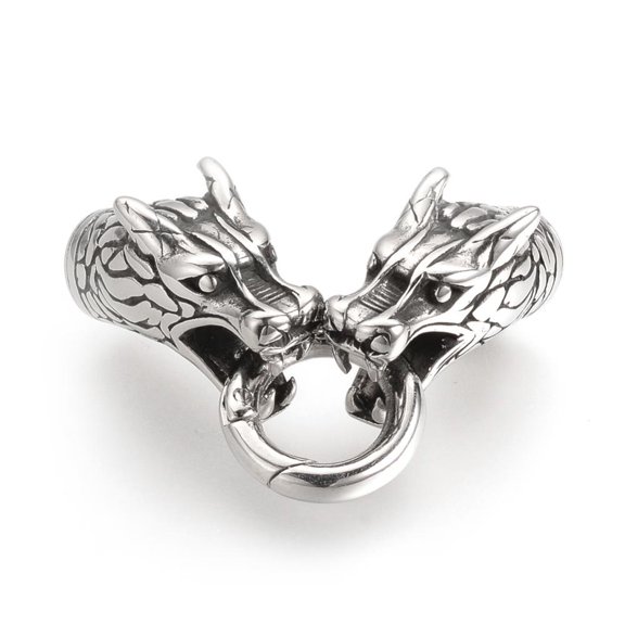 2Set 304 Stainless Steel Spring Gate Rings O Rings with Two Cord End Caps Dragon Head Antique Silver Cord End: 50x10x13mm Hole: 6mm