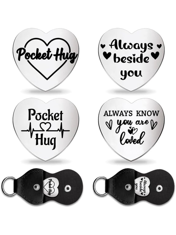 2Set Always Beside You Love Heart Pocket Hug Token Long Distance Gifts Double Sided Engraved Hug Token Coins Keepsake with PU Leather Keychain for Family Friend Lover Graduation for DIY