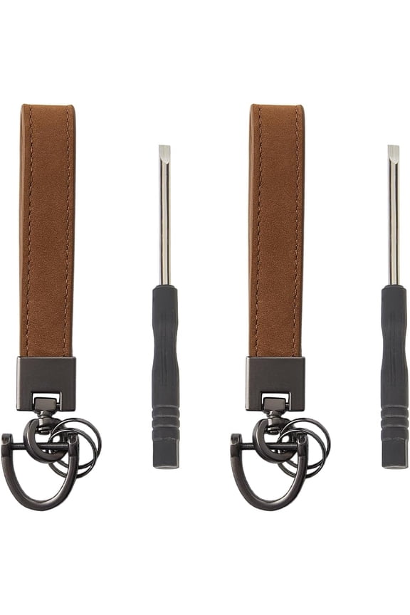 2Set Cowhide Leather Keychain with Alloy Findings and Screwdriver Camel 109.5x18x8mm