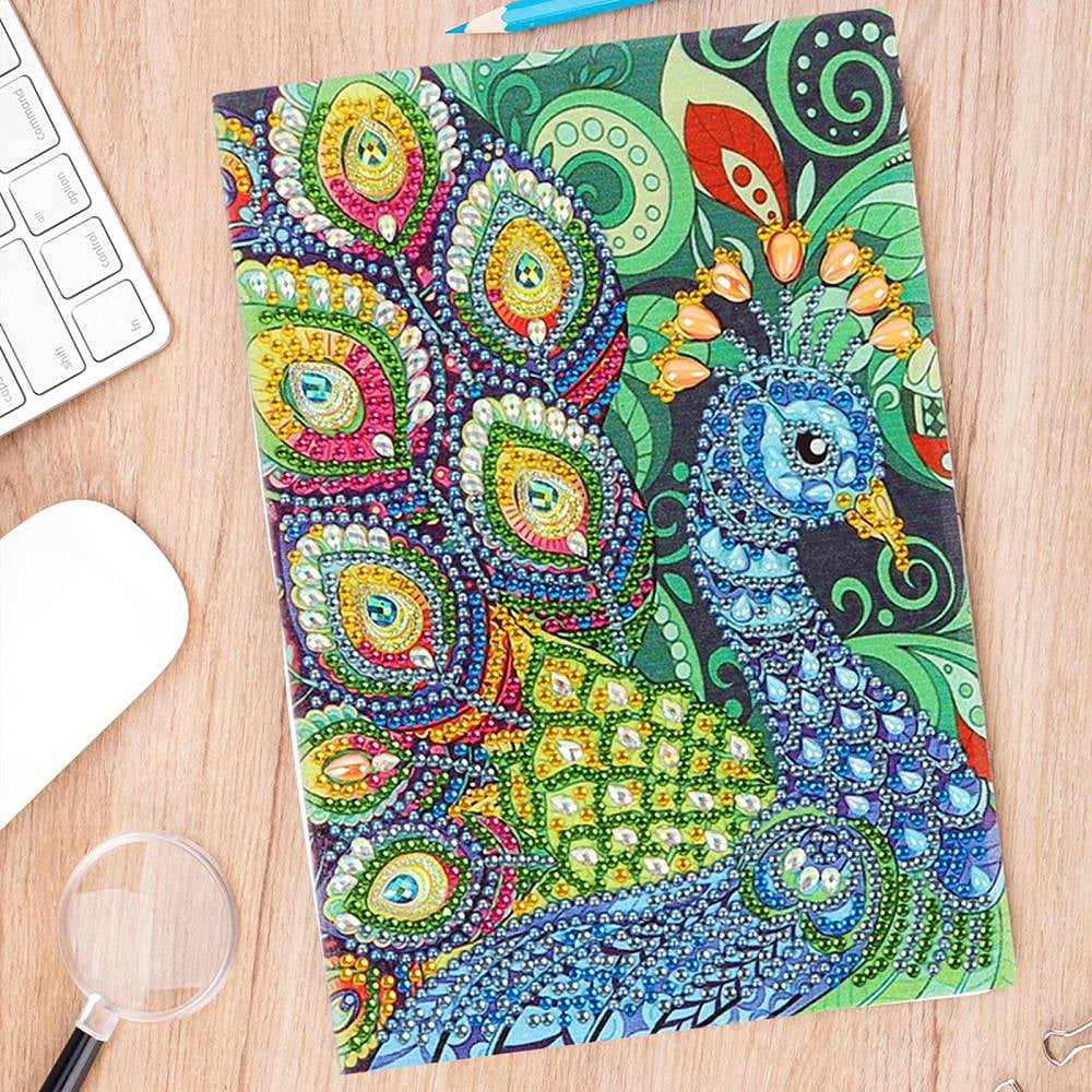 2Set DIY Animal Theme Notebook Diamond Painting Kits Including A5 Notebook Resin Rhinestones Diamond Sticky Pen Tray Plate and Glue Clay Peacock Pattern 207x145mm 50 pages/book