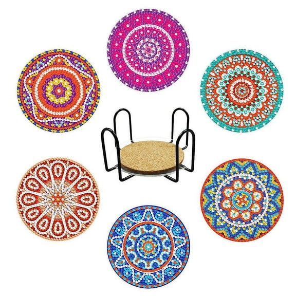 2Set DIY Cup Mats Diamond Painting Kits Including Cork Pads Iron Coaster Holder Resin Rhinestones Diamond Sticky Pen Tray Plate and Glue Clay Flower Pattern 100mm