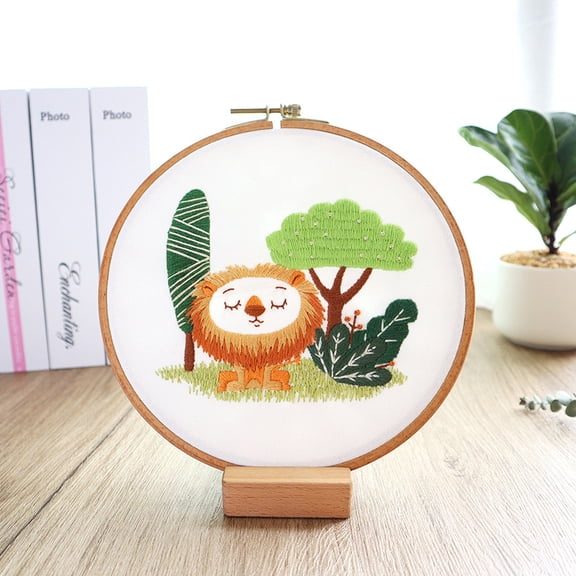 2Set DIY Display Decoration Embroidery Kit including Embroidery Needles & Thread & Fabric Lion Pattern 120x121mm