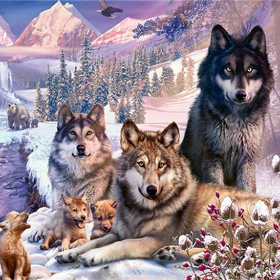 2Set DIY Wolf & Scenery Diamond Painting Kits including Resin Rhinestones Diamond Sticky Pen Tray Plate and Glue Clay Colorful 300x400mm