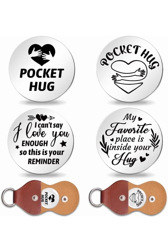 2Set Expressions of Love Pocket Hug Token Long Distance Gifts Double Sided Engraved Hug Token Coins Keepsake with PU Leather Keychain for Family Friend Lover Graduation Multi-color DIY
