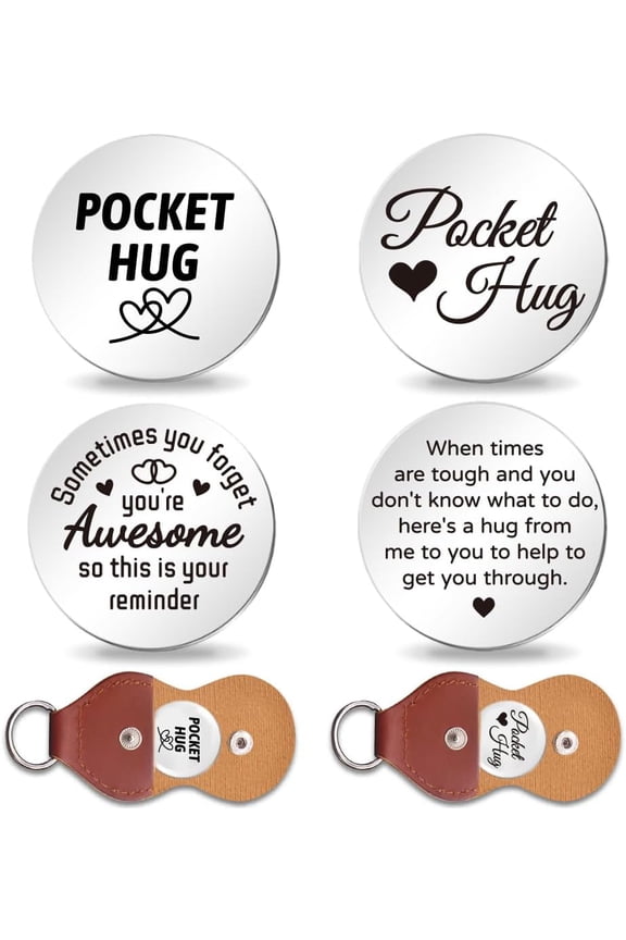 2Set Get Through It Inspirational Pocket Hug Token Long Distance Gifts Double Sided Engraved Hug Token Coins Keepsake with PU Leather Keychain