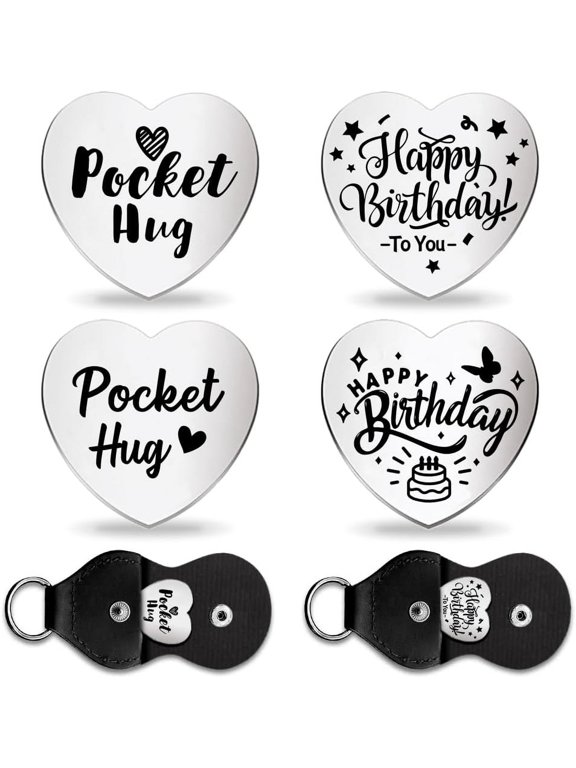 2Set Happy Birthday Love Heart Pocket Hug Token Long Distance Gifts Double Sided Engraved Hug Token Coins Keepsake with PU Leather Keychain for Family Friend Lover Graduation grey
