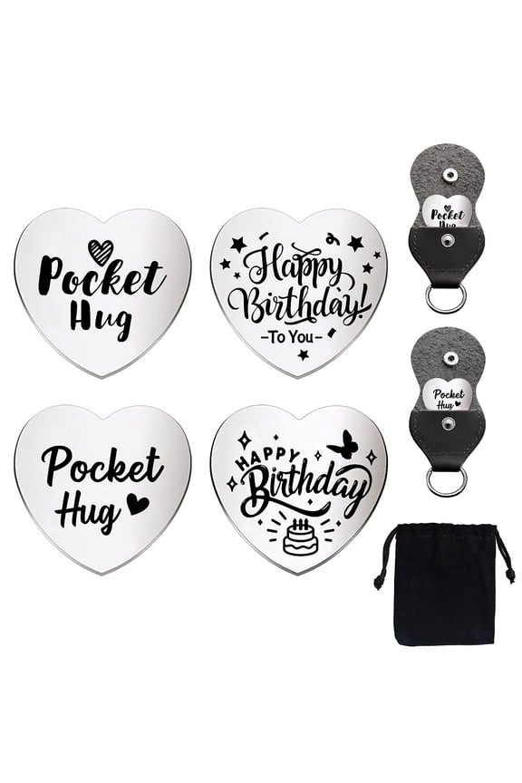 2Set Happy Birthday Love Heart Pocket Hug Token Long Distance Gifts Double Sided Engraved Hug Token Coins Keepsake with PU Leather Keychain