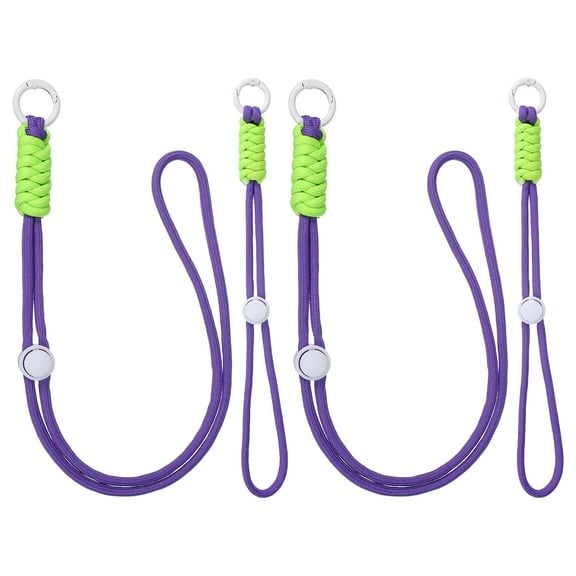 2Set Heavy Duty Paracord Keychain Lanyard, Adjustable Necklace Whistles Lanyard Braided Wrist Strap with Spring Ring for ID Card Badge Holder Keys, Deep Purple/Green/White