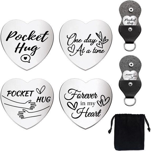 2Set Love Forever Love Heart Pocket Hug Token Long Distance Relationship Gifts Double Sided Engraved Hug Token Coins Keepsake with PU Leather Keychain for Family Friend Lover Graduation