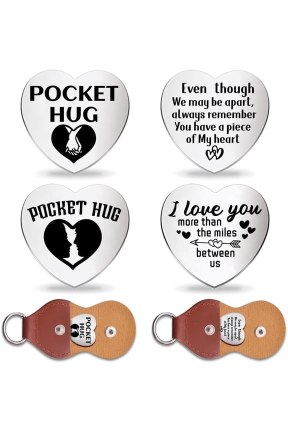 2Set Love Heart Pocket Hug Token Long Distance Relationship Gifts Double Sided Engraved Hug Token Coins Keepsake with PU Leather Keychain for Family Friend Lover Graduation grey