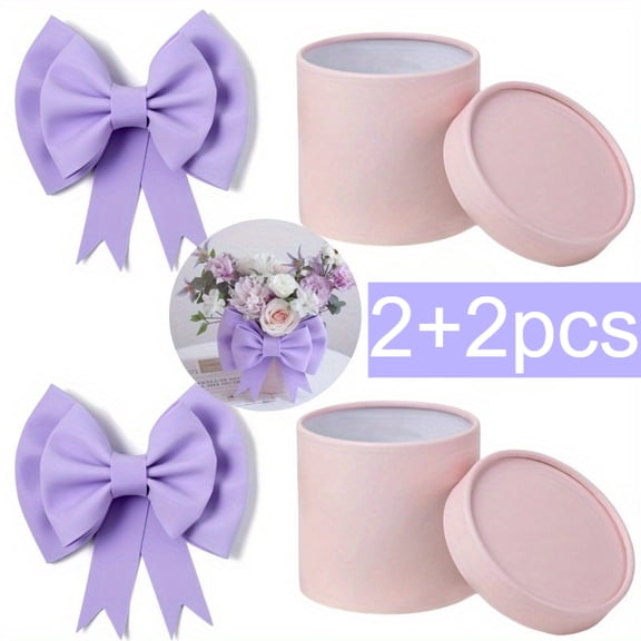 2Set Mini Round Flower Box, Floral Gift Boxes with Purple Bow Decoration, Pink Round Hat Boxes for Flower Arrangements, Mothers Day Gift Packaging Decorative Storage Boxes for Gifts and Crafts
