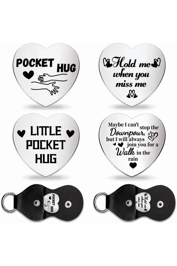 2Set Miss Love Heart Pocket Hug Token Long Distance Relationship Gifts Double Sided Engraved Hug Token Coins Keepsake with PU Leather Keychain for Family Friend Lover Graduation colorful