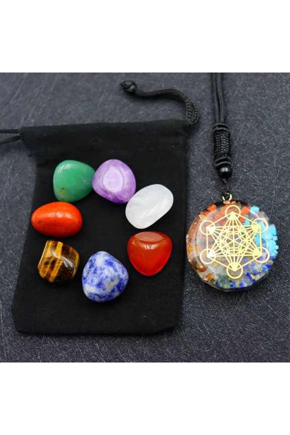 2Set Natural Mixed Healing Stones Set for Meditation Reiki with 7 Stone & 1Pc Flat Round Pendant Necklace 12~18mm