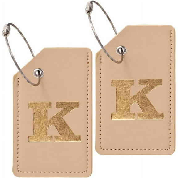 2Set PU Leather Luggage Tag Travel ID Labels Suitcase Name Tags with Steel Wire Rectangle Letter K 95x55x3mm