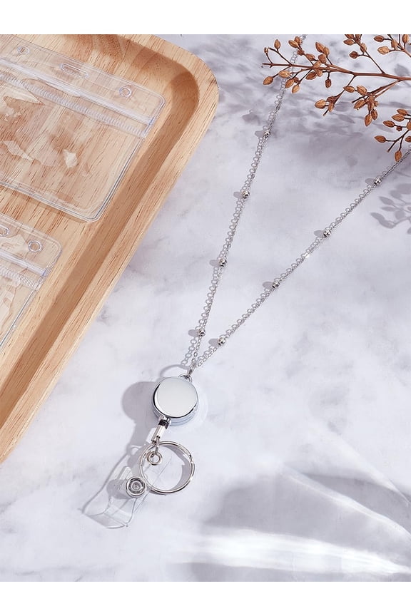 2Set Retractable Badge Holer Reel with Brass Satellite Chains 2Pcs PVC Card Holders ID Card Holder Lanyard Neck Strap Beaded Badge Lanyard Necklace Vertical Sleeve Pouch