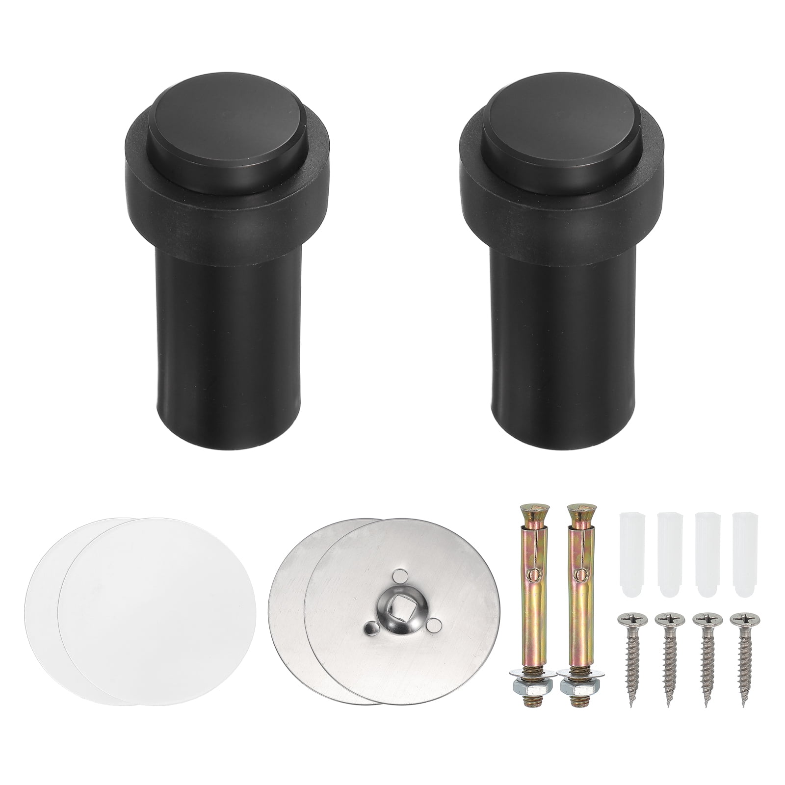 2Set Round Door Stoppers, 80mm Stainless Steel Door Stop Doorstop Wedge Metal Cylinder Self Adhesive with Screw for Bottom of Door Floor Inside, Black
