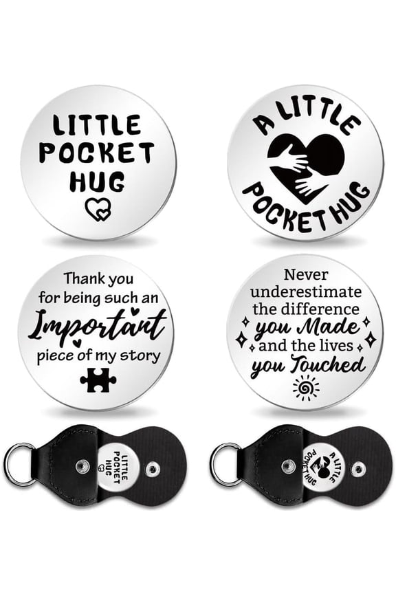 2Set Thank You Pocket Hug Token Long Distance Gifts Double Sided Engraved Hug Token Coins Keepsake with PU Leather Keychain for Family Friend Lover Graduation Colorful