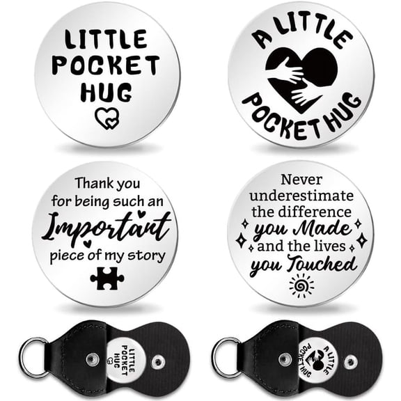 2Set Thank You Pocket Hug Token Long Distance Gifts Double Sided Engraved Hug Token Coins Keepsake with PU Leather Keychain for Family Friend Lover Graduation Colorful