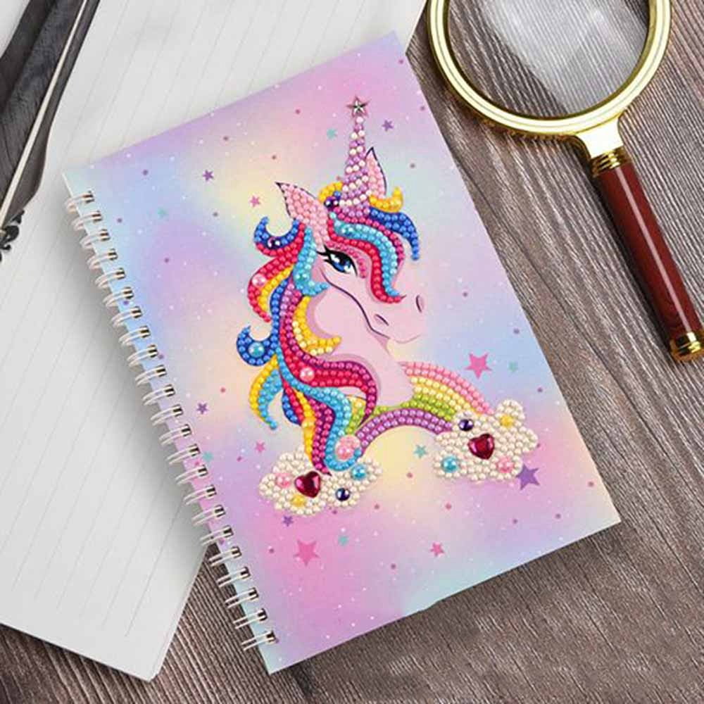 2Set Unicorn Pattern DIY Diamond Painting Notebook Kits Including Resin Rhinestones Bag Diamond Sticky Pen Tray Plate and Glue Clay Pearl Pink 210x140mm