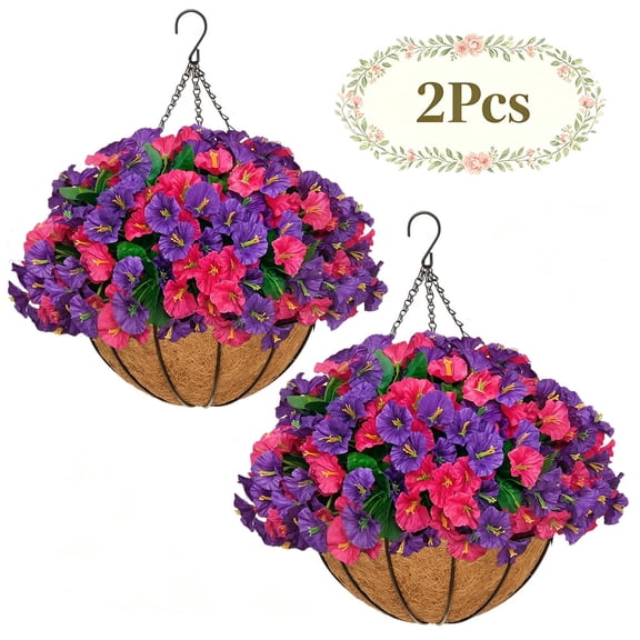 2 Sets of Simulated Morning Glory Flower Baskets, Durable and Uv Resistant Outdoor Hanging Baskets for Spring and Summer Decoration