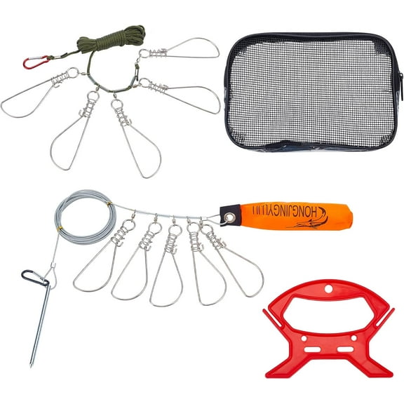 2Sets 2 Style Stainless Steel Fishing Stringer Clip Set Including Hooks Wire Clasps Foam Buoyancy Rods Plastic Handlea and Storage Bag