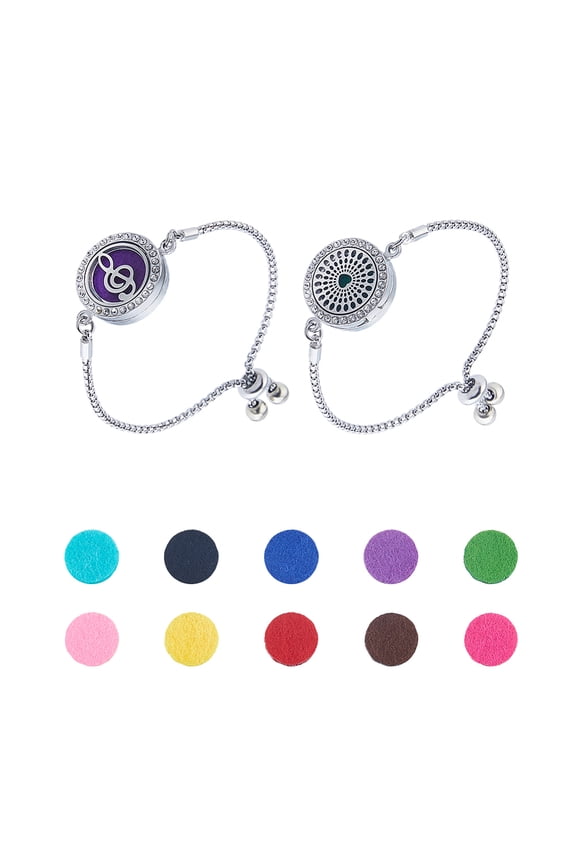 2Sets 2 Styles 316 Surgical Stainless Steel Rhinestone Diffuser Locket Slider Bracelets Adjustable Box Chains with Sponge and Magnet Mixed Shapes