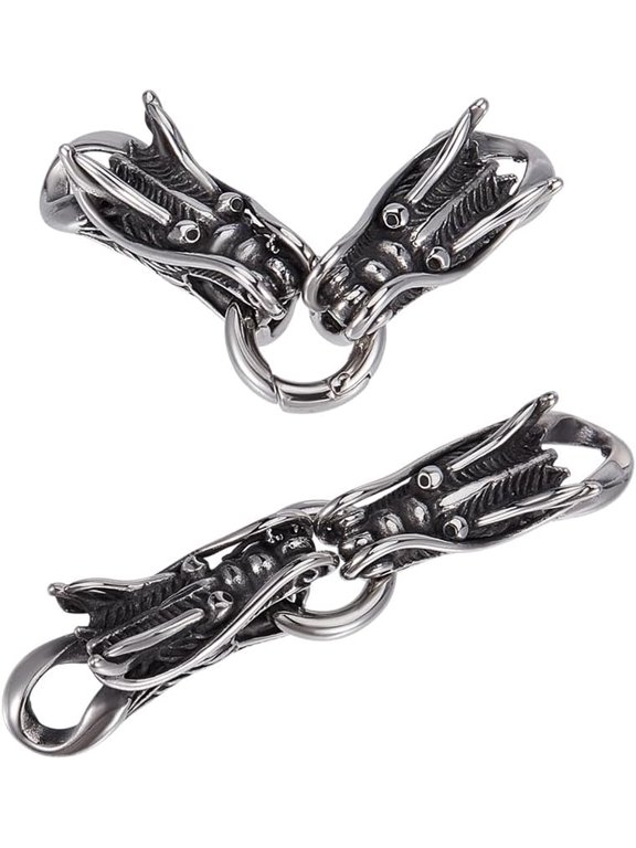 2Sets 304 Stainless Steel Spring Gate Rings O Rings with Two Cord End Caps Dragon Head Silver 70x12x14mm Craft Supplies