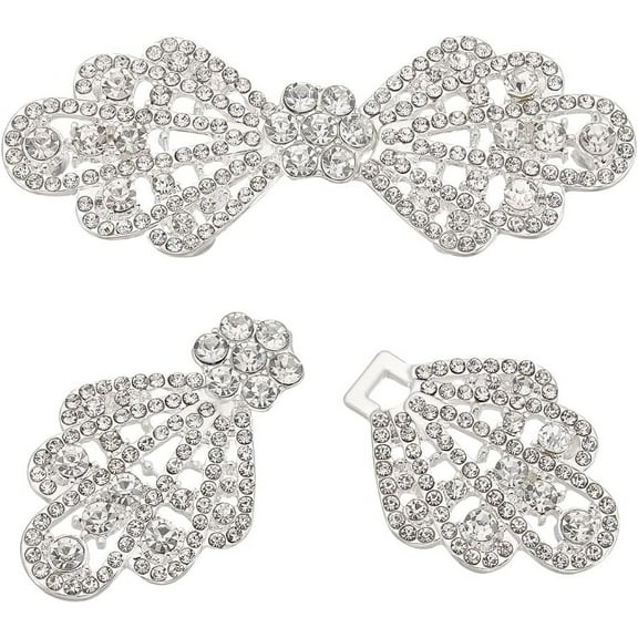 2Sets Alloy Interlocking Clasps Hook Clasps with Rhinestone Bowknot Silver 65mm DIY