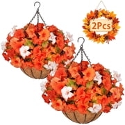 FAKCOJI 2 Sets Artificial Morning Glory with Hanging Baskets, UV Resistant Silk Faux Flowers, Autumn Decor for Porch, Terrace, Garden